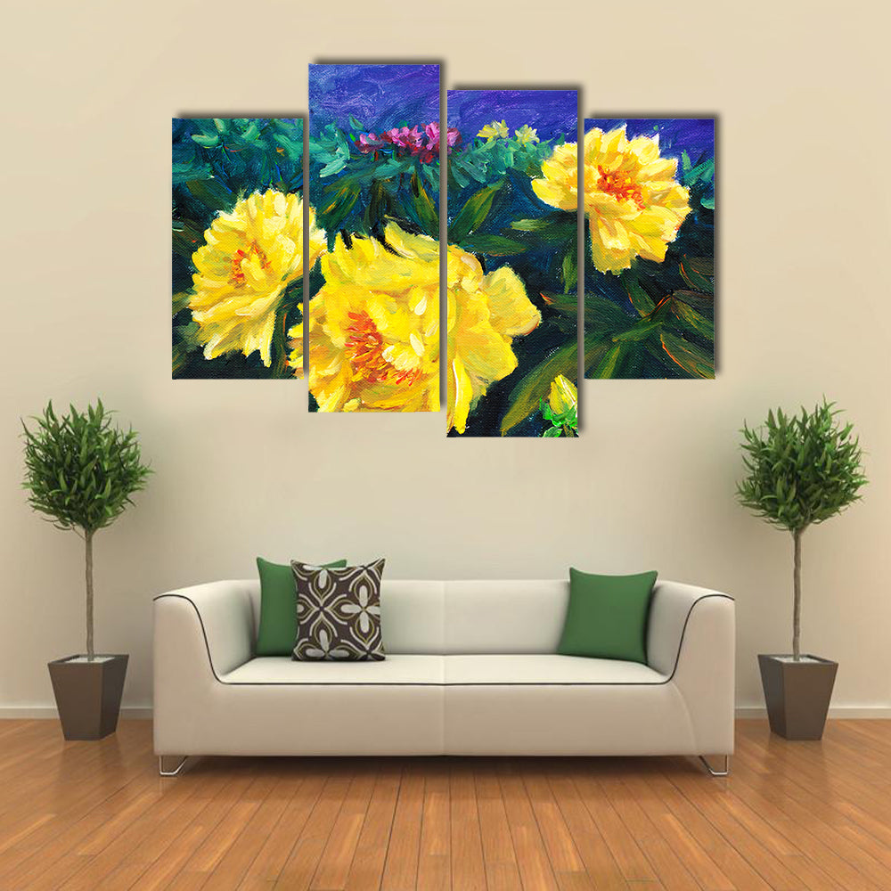 Blooming Yellow Peonies with Textured Blue Background Canvas Wall Art