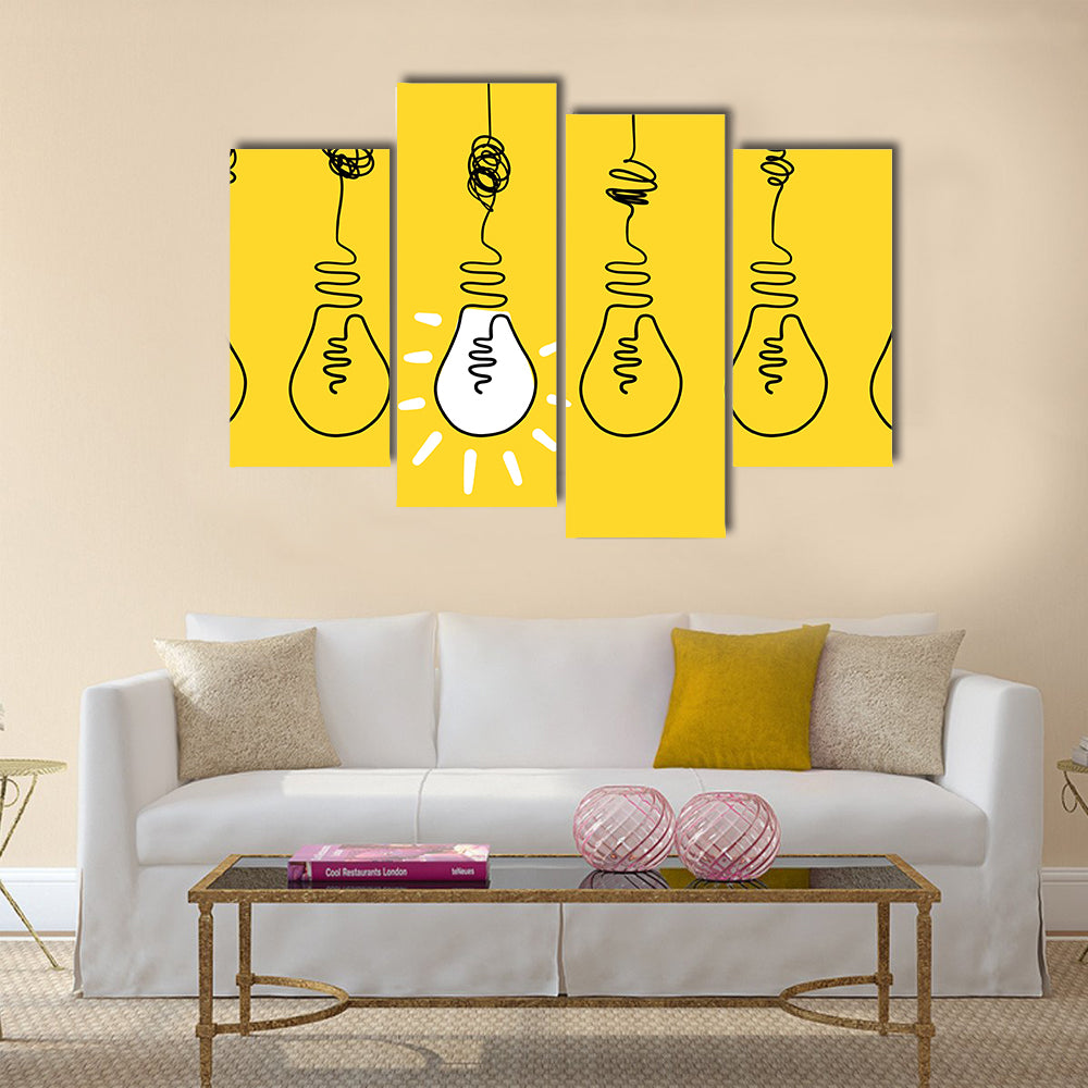 Four Lightbulbs Technology Concept Canvas Wall Art in black, white and yellow, framed canvas, product view on a white background