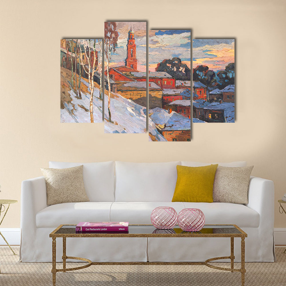 Snowy Hillside Town with Belfry Tower Canvas Wall Art