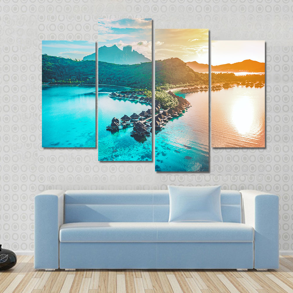 Bora Bora Overwater Bungalows at Sunset Canvas Wall Art