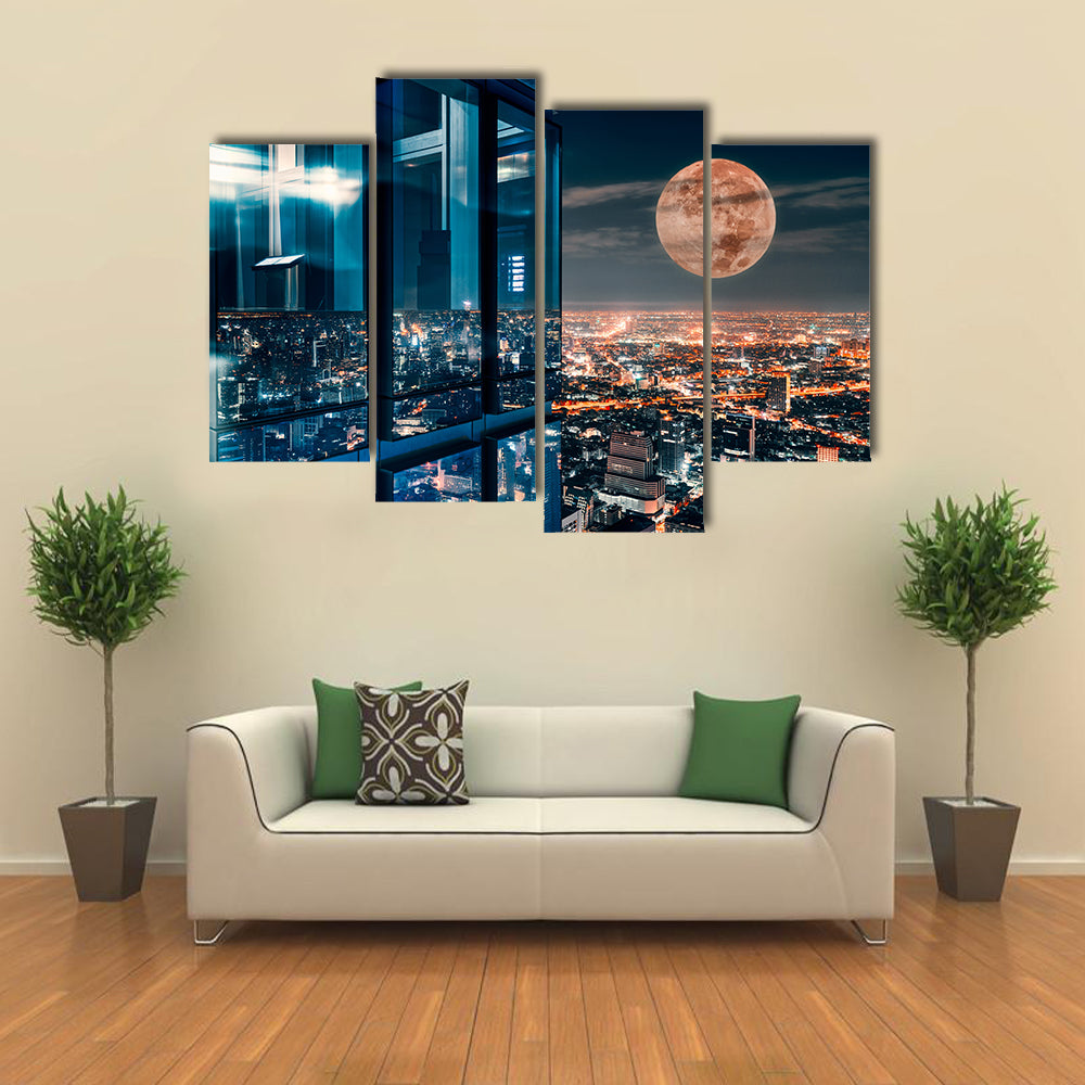 Bangkok Night Skyline with Full Moon Canvas Wall Art
