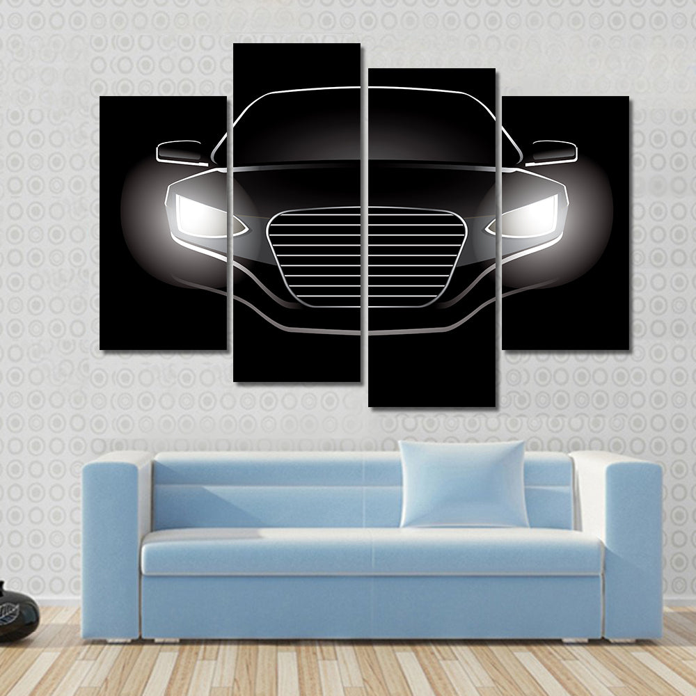 Black Car Silhouette with Glowing Headlights Canvas Wall Art