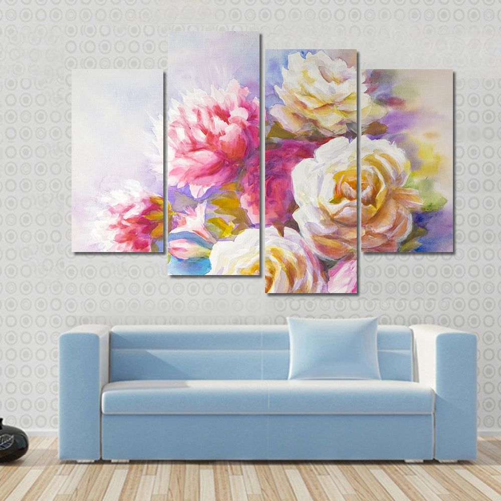 Watercolor Roses And Peonies Sketch Canvas Wall Art