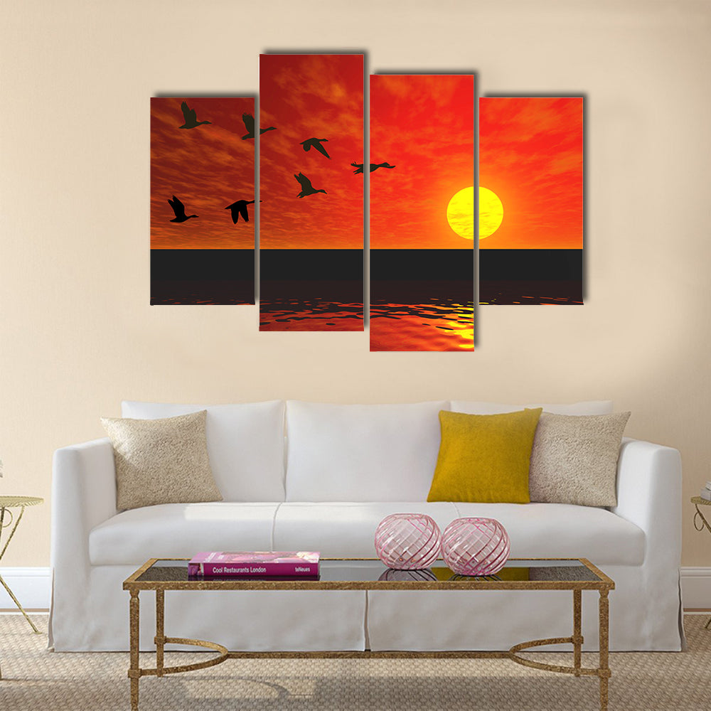 Flying Ducks At Sunset Canvas Wall Art