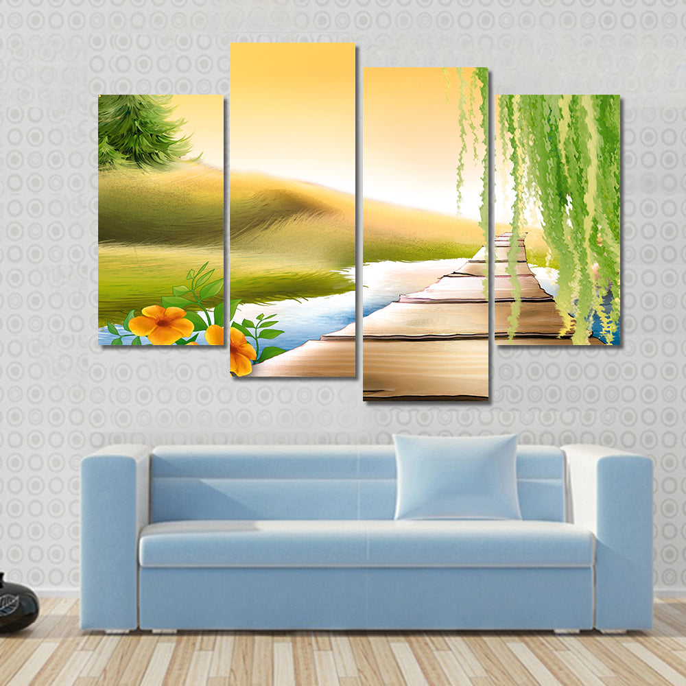 Wooden Footbridge Over Meadow Stream Canvas Wall Art
