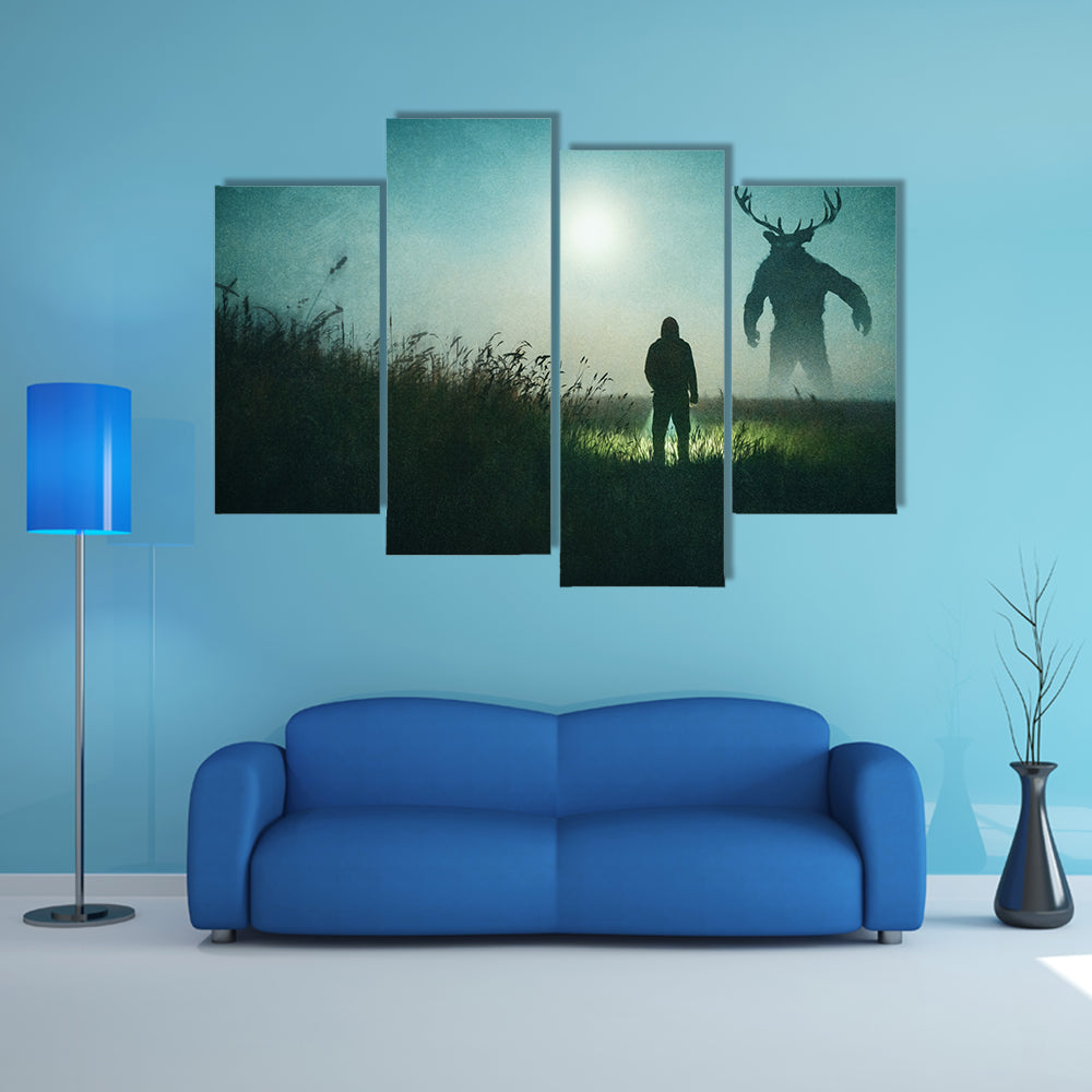Alone Man Against Mysterious Monster Canvas Wall Art