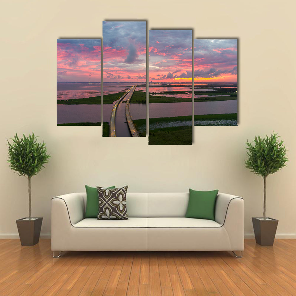 Sunset Over Coastal Bridge Canvas Wall Art