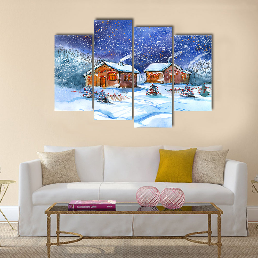 Two Winter Cottages Under Starry Night Canvas Wall Art