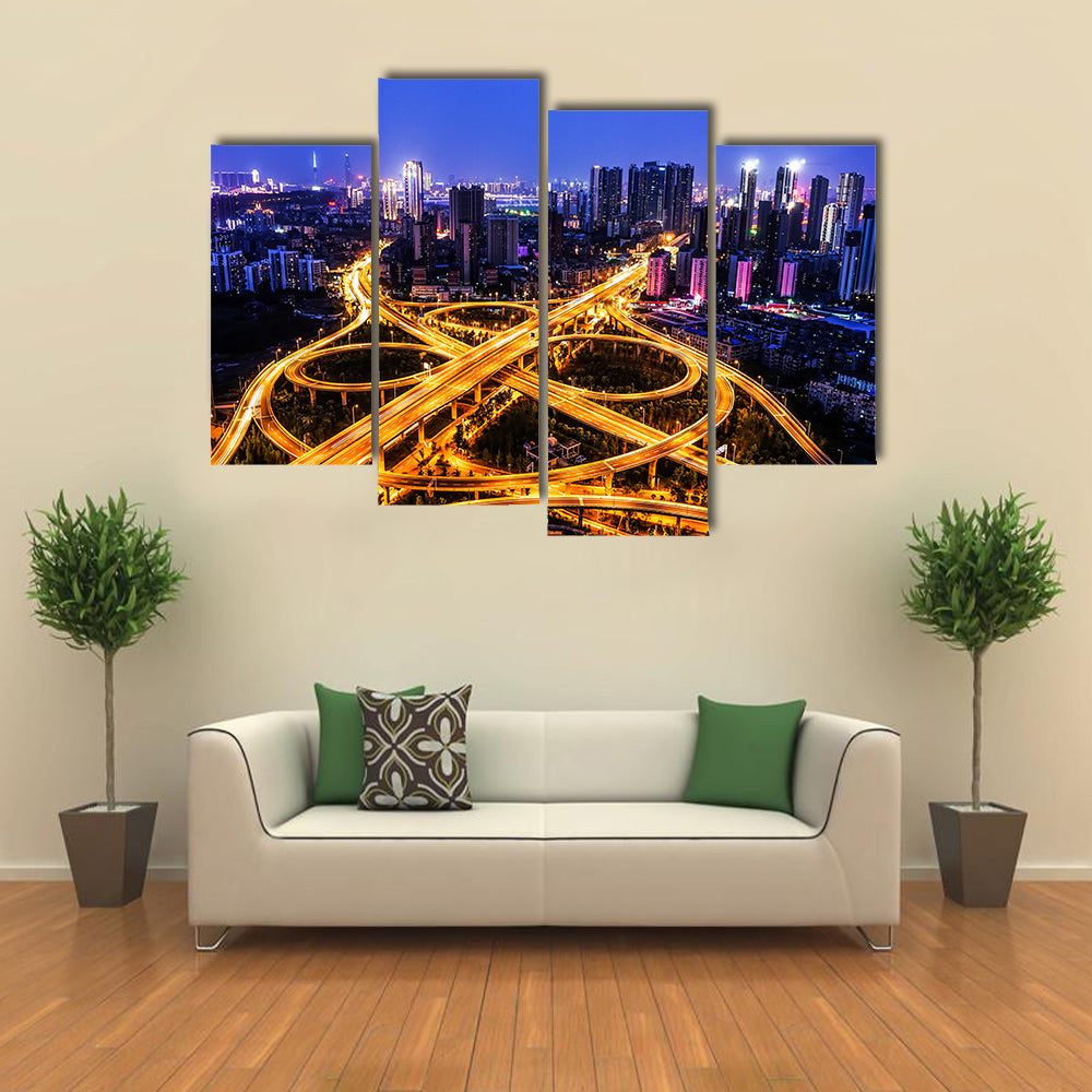 Night Traffic Interchange in Hanyang, Wuhan Canvas Wall Art