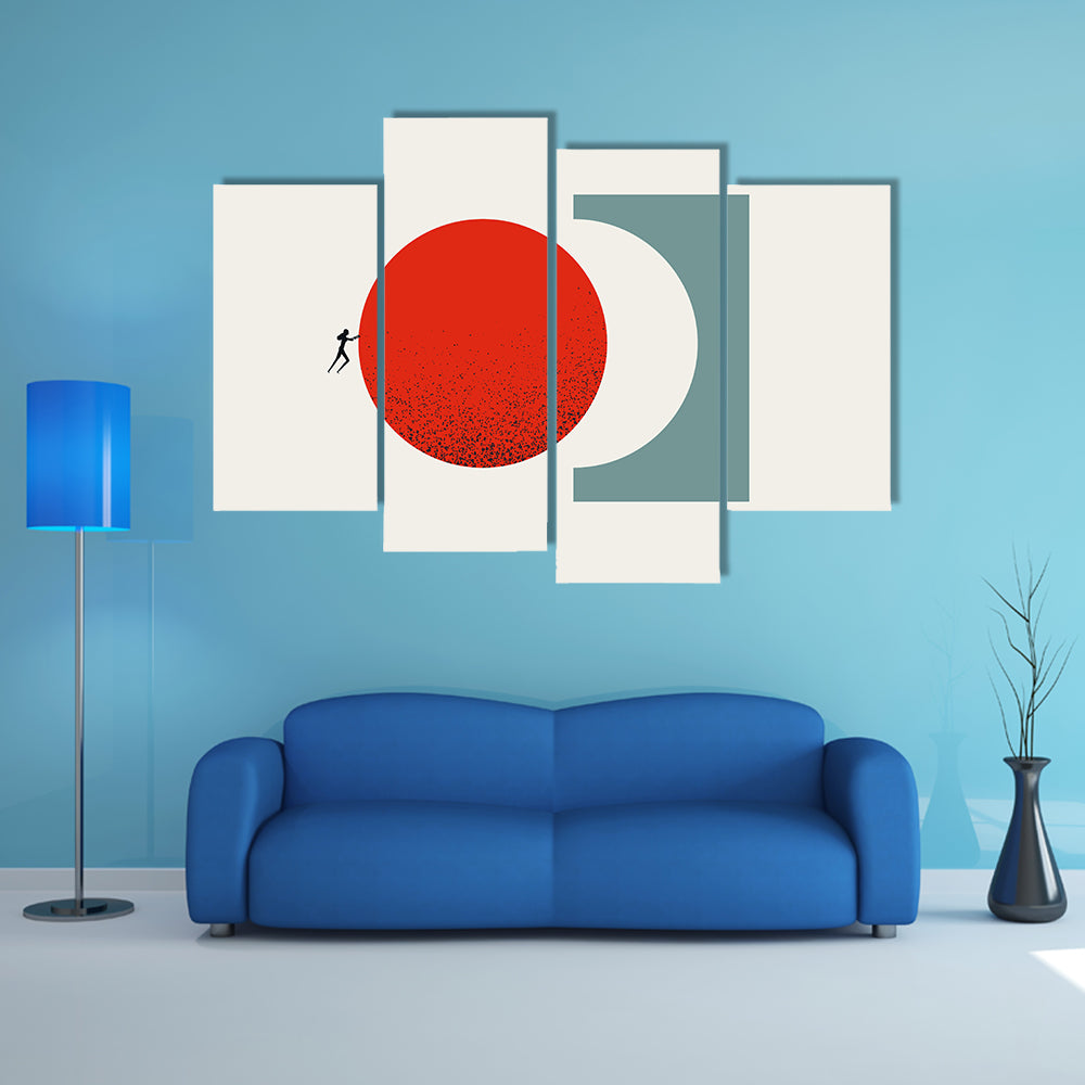 Silhouette Pushing Red Circle Canvas Wall Art