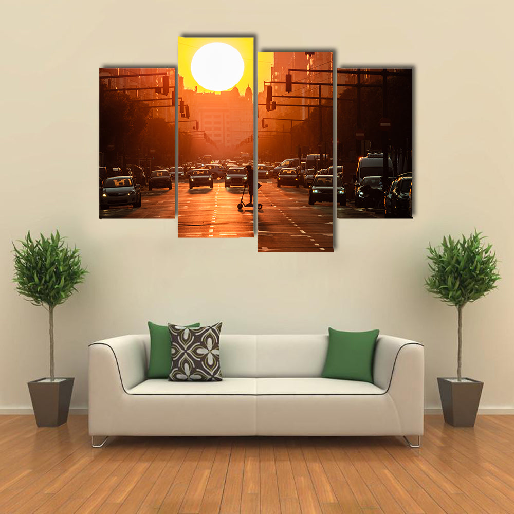 Sunset City Street with Scooter Canvas Wall Art