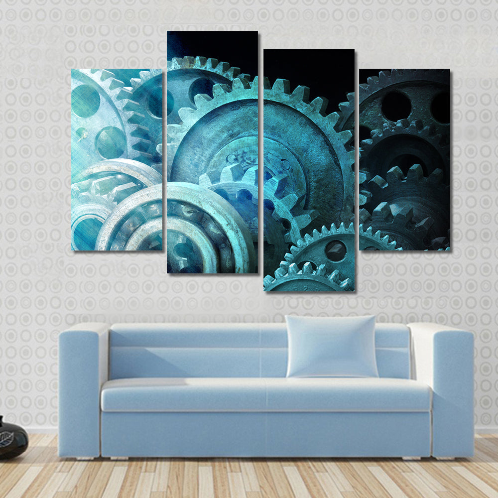 Industrial Cogs Gears Canvas Wall Art in black, gray and blue, 4 panel Pop layout hung on a wall