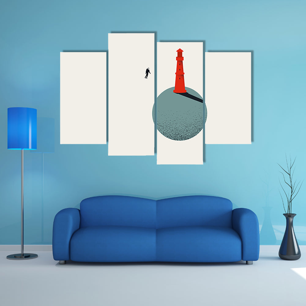 Red Lighthouse with Floating Astronaut Canvas Wall Art