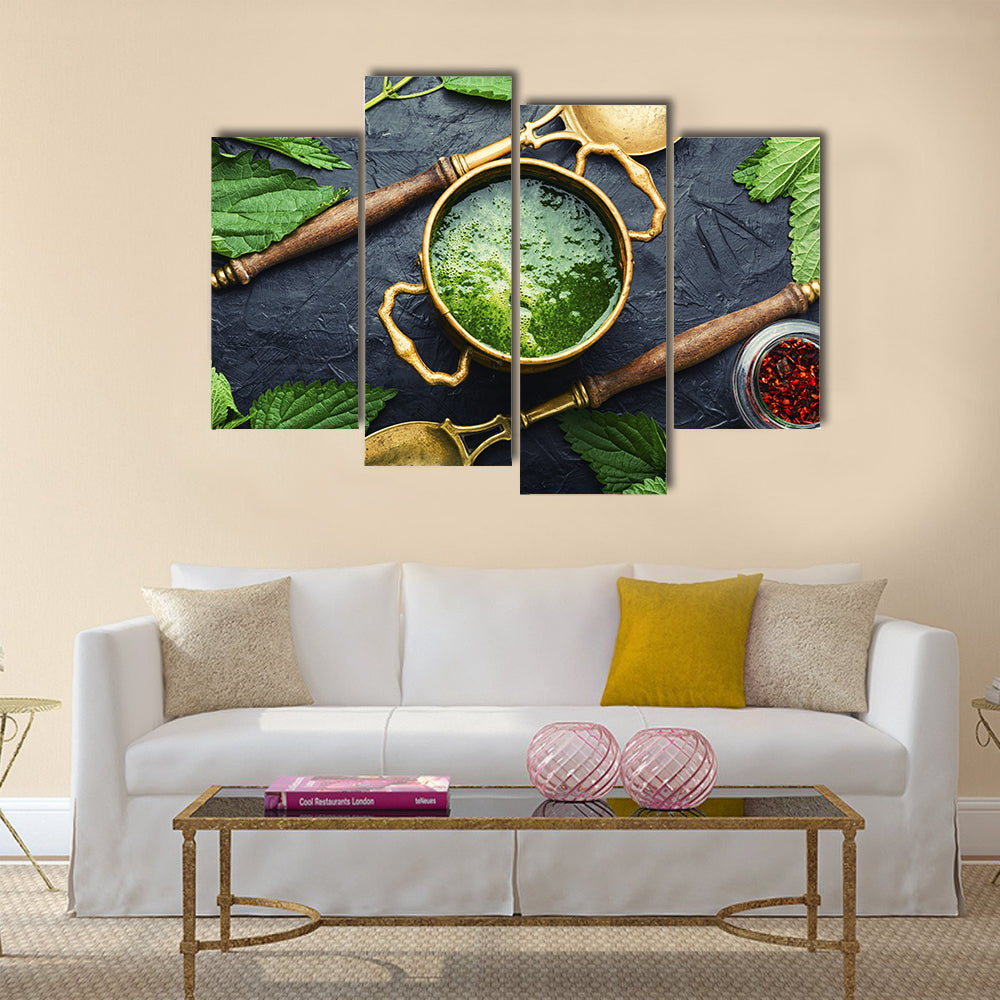 Green Nettle Soup in Brass Pot Canvas Wall Art