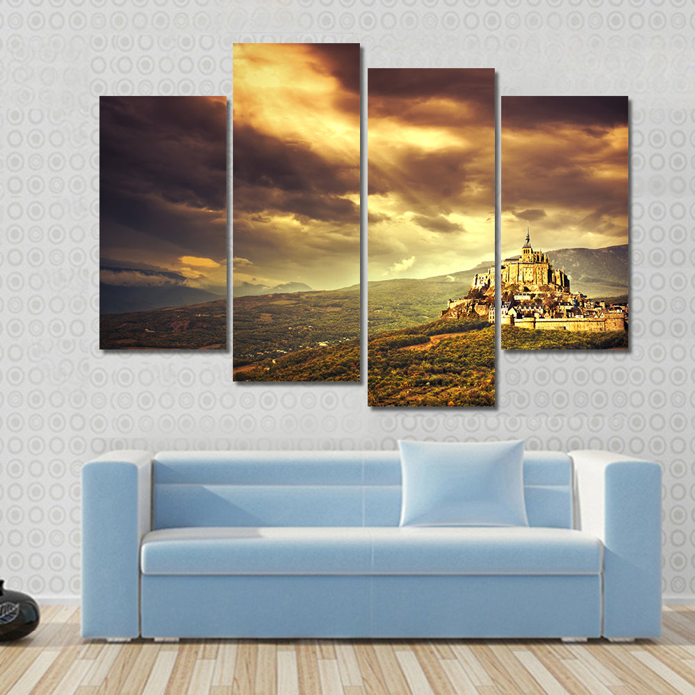 Medieval Castle on Hill at Sunset Canvas Wall Art