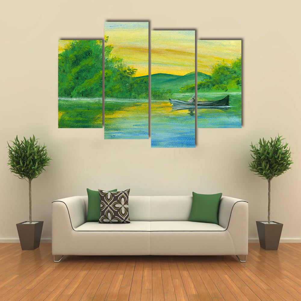 Watercolor Lake with Rowboat at Sunrise Canvas Wall Art