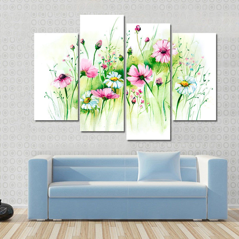 Pink Cosmos and White Daisies Meadow Canvas Wall Art