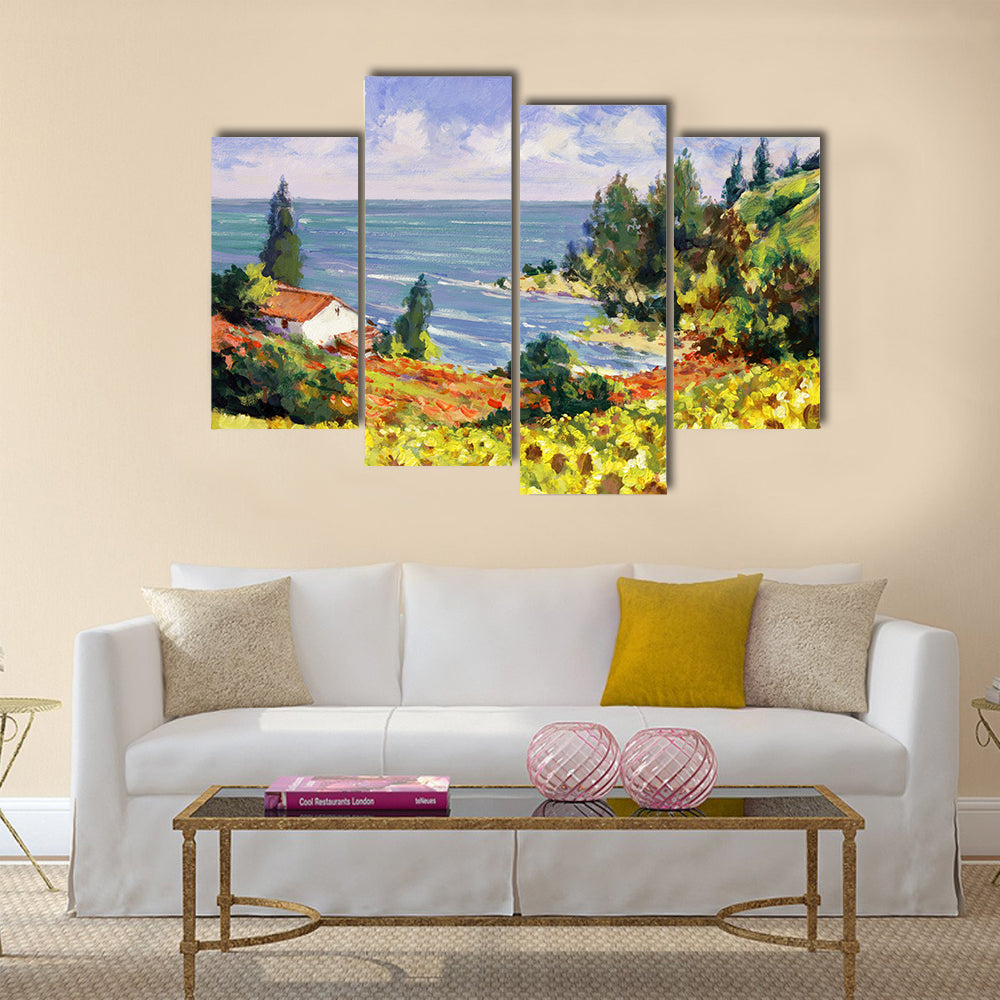Sunflower Cottage by the Sea Canvas Wall Art