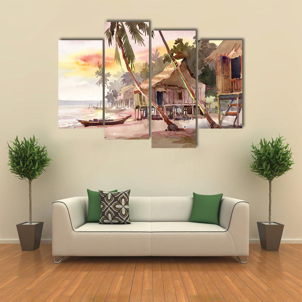 Watercolor Stilt Houses at Sunset Canvas Wall Art