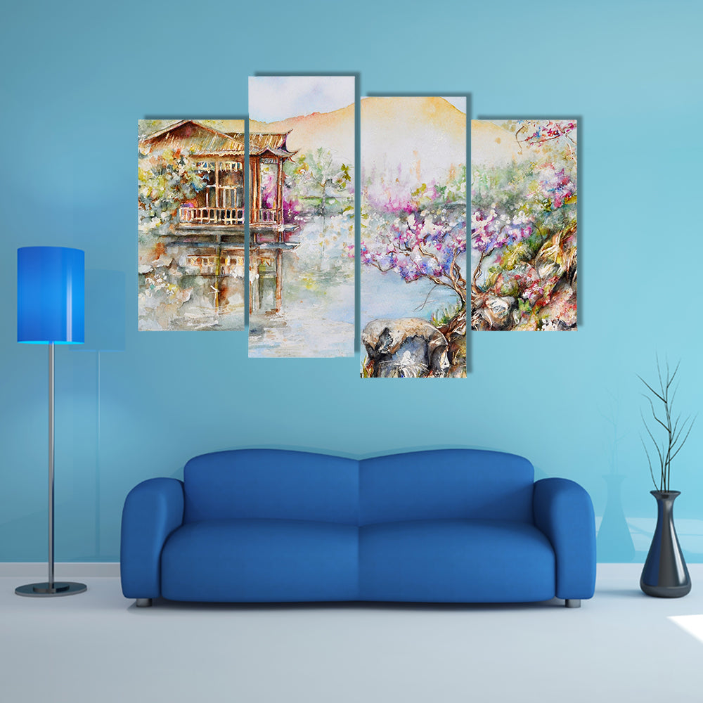 West Lake Stilt House with Pink Blossoms Canvas Wall Art