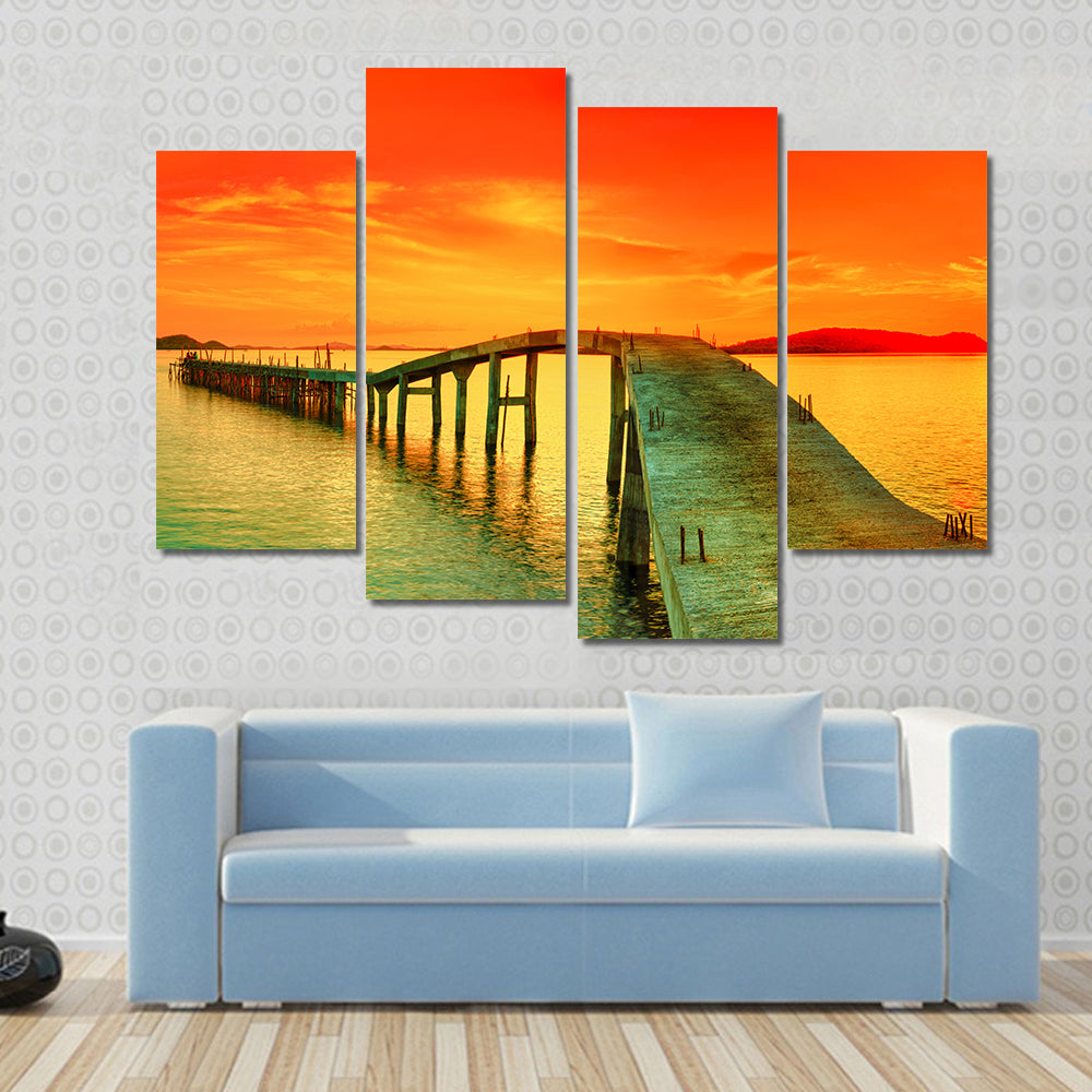 Sunset Over The Sea Pier Canvas Wall Art