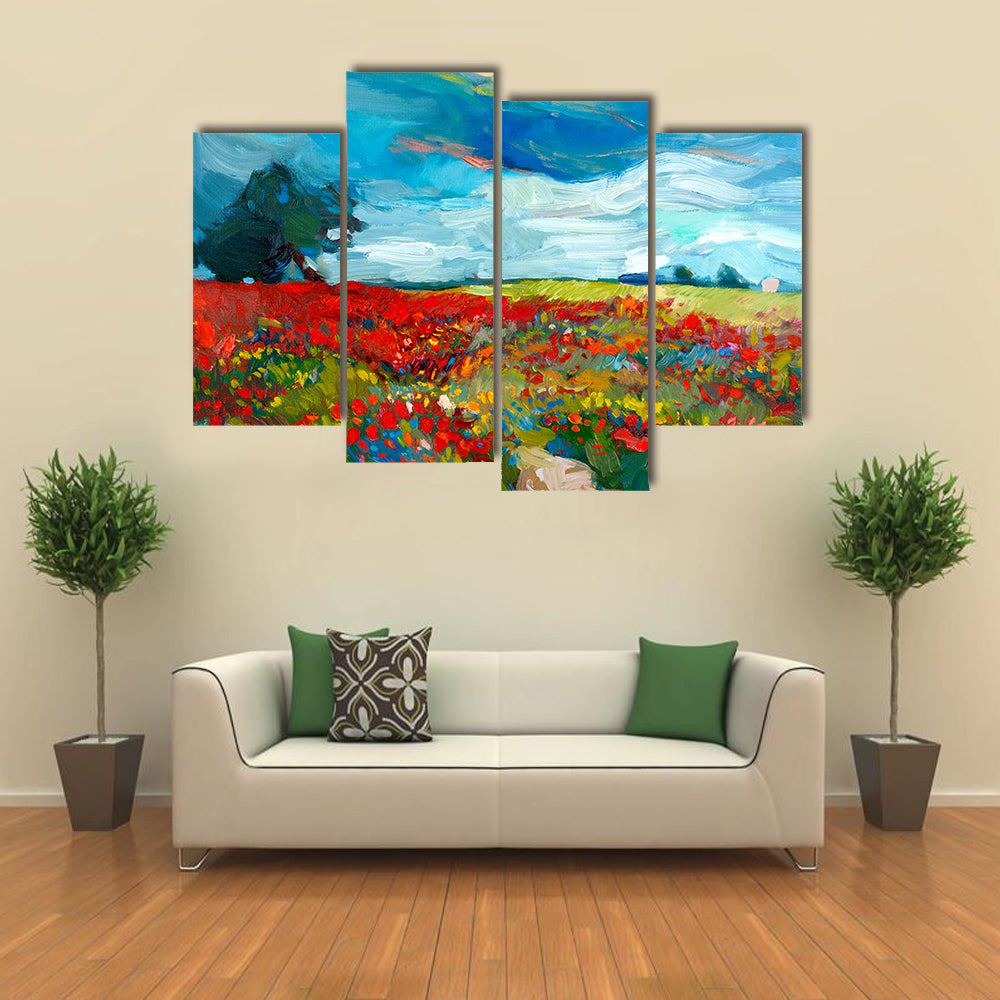 Red Poppy Field Abstract Landscape Canvas Wall Art
