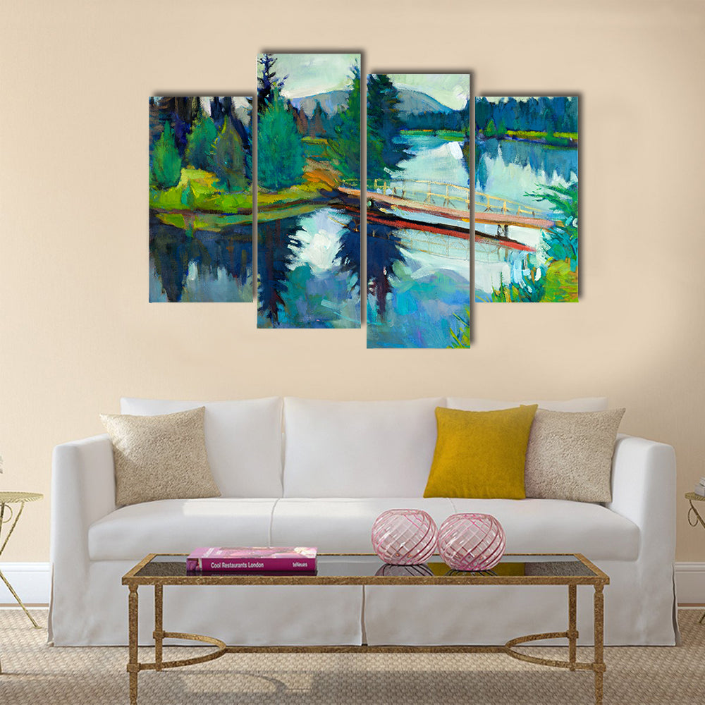 Wooden Bridge Over Reflective River Canvas Wall Art