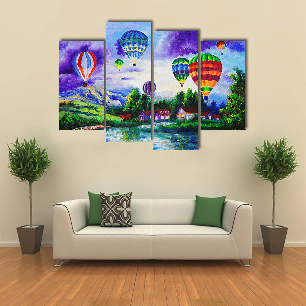 Hot Air Balloons Over River Village Canvas Wall Art