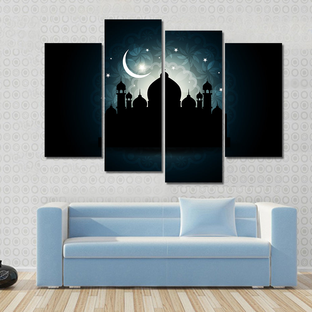 Mosque Silhouette with Crescent Moon and Mandala Canvas Wall Art