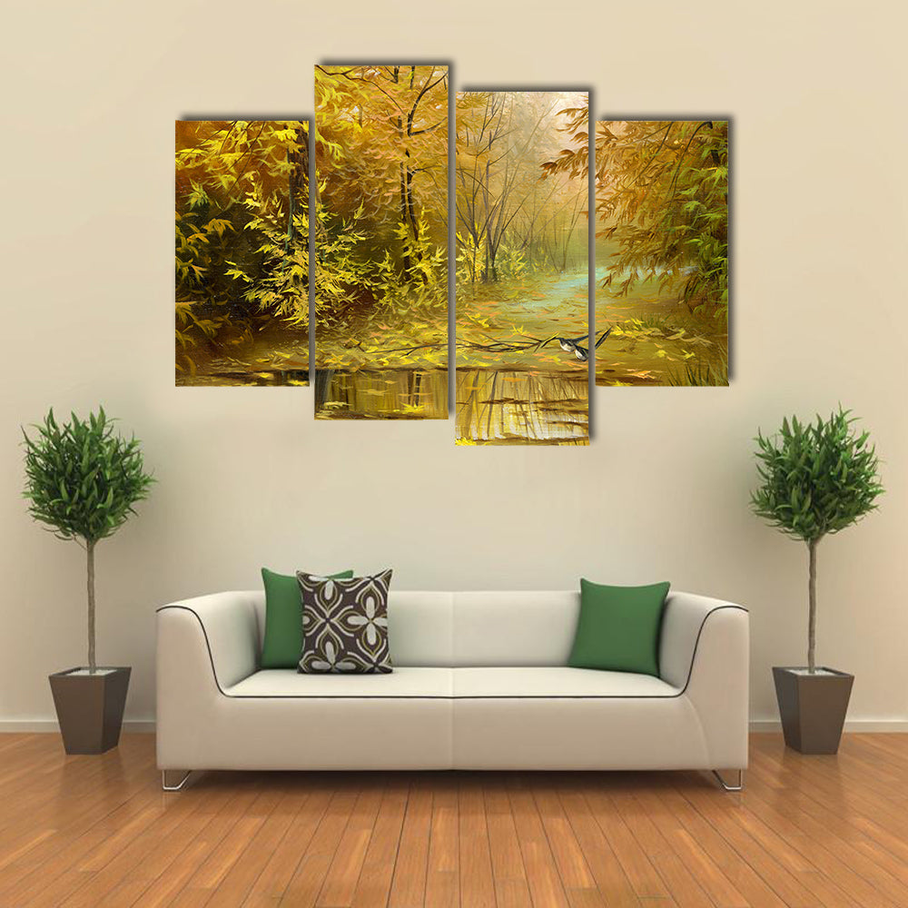 Golden Autumn Forest with Reflecting Puddle Canvas Wall Art