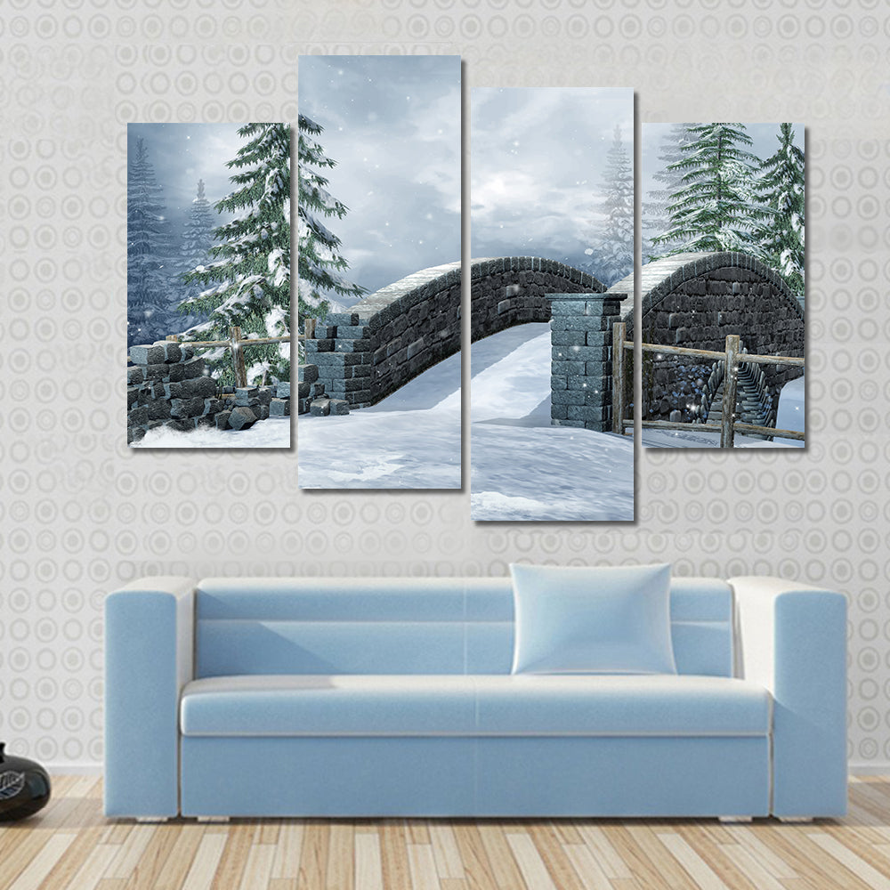 Stone Bridge On A Winter Meadow Canvas Wall Art