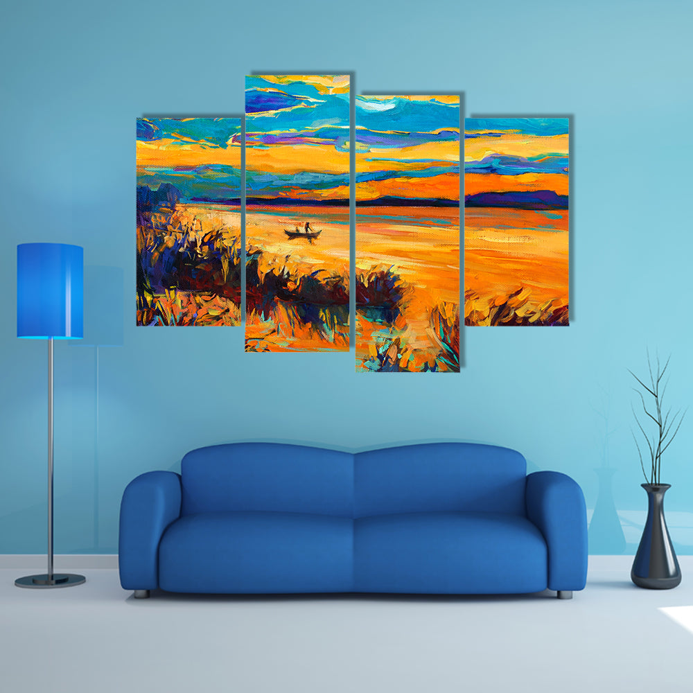 Rowboat on Lake at Sunset Canvas Wall Art