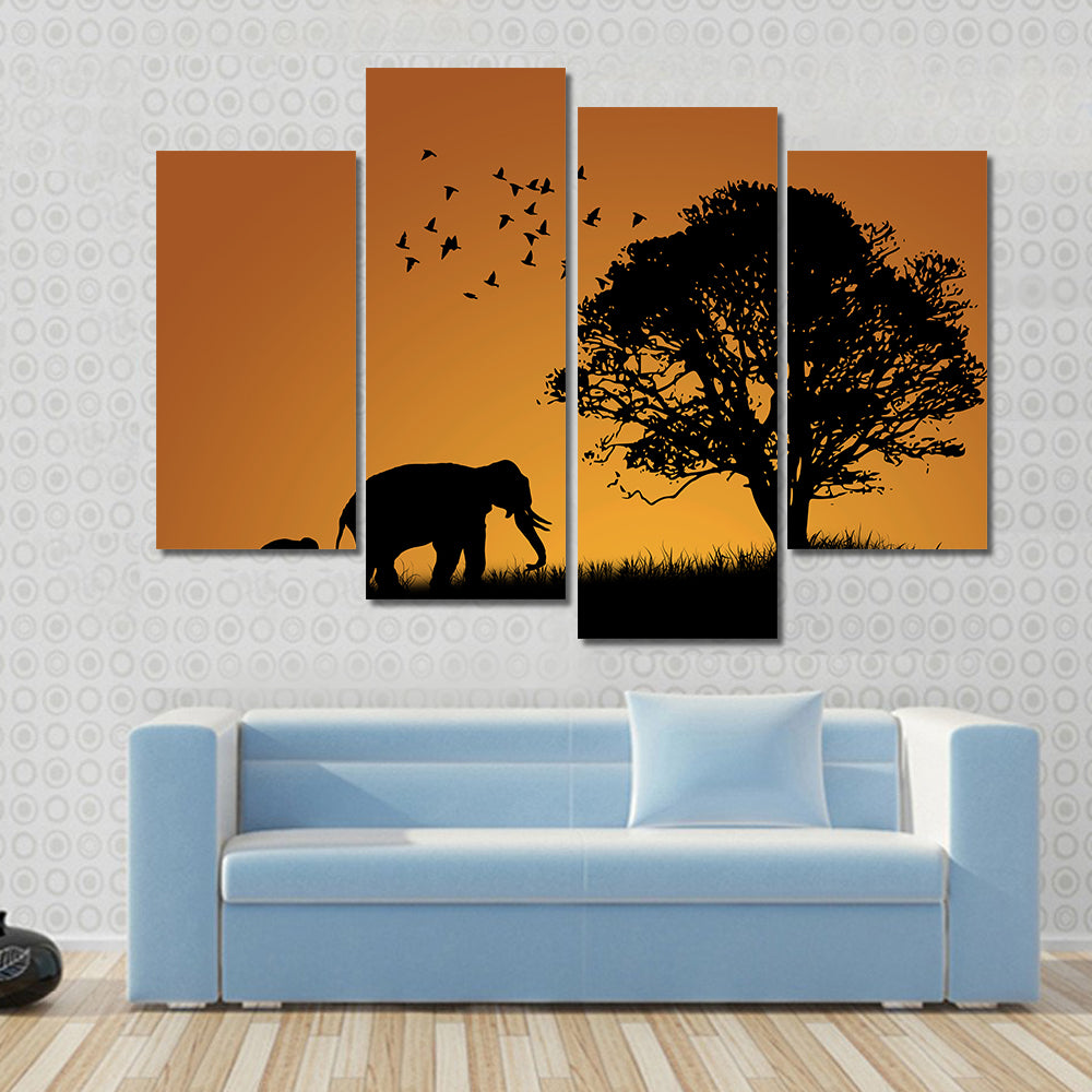 African Elephants In The Sunset Canvas Wall Art