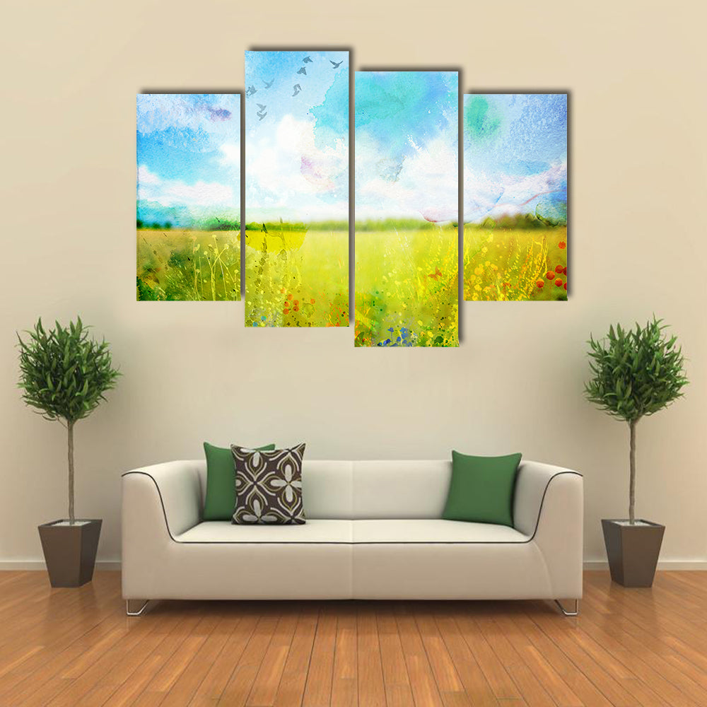 Village Meadow Watercolor Landscape Canvas Wall Art
