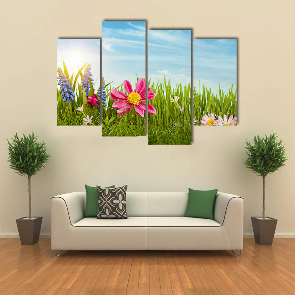 Spring Flowers Under Blue Sky Canvas Wall Art