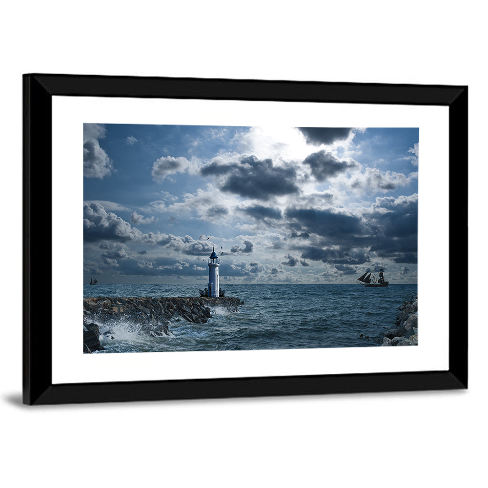 Lighthouse In Sea Storm Wall Art