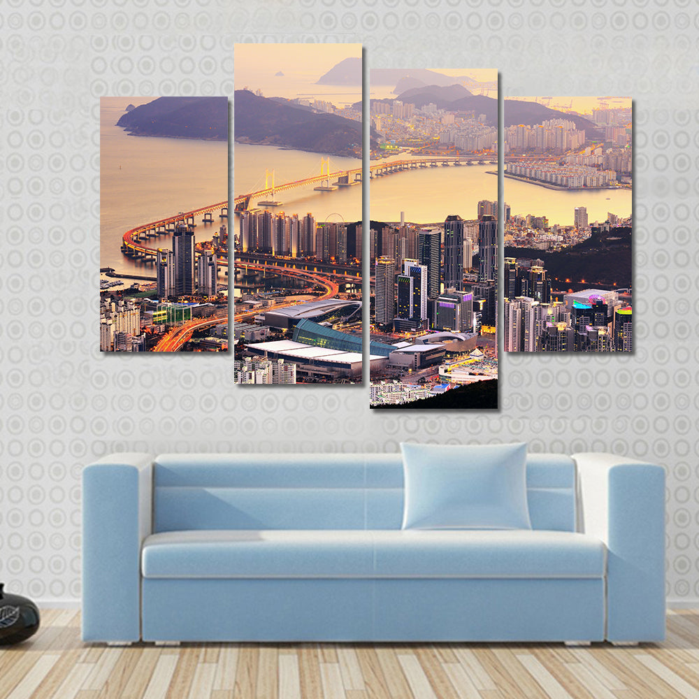 Coastal City Skyline at Golden Dusk Canvas Wall Art