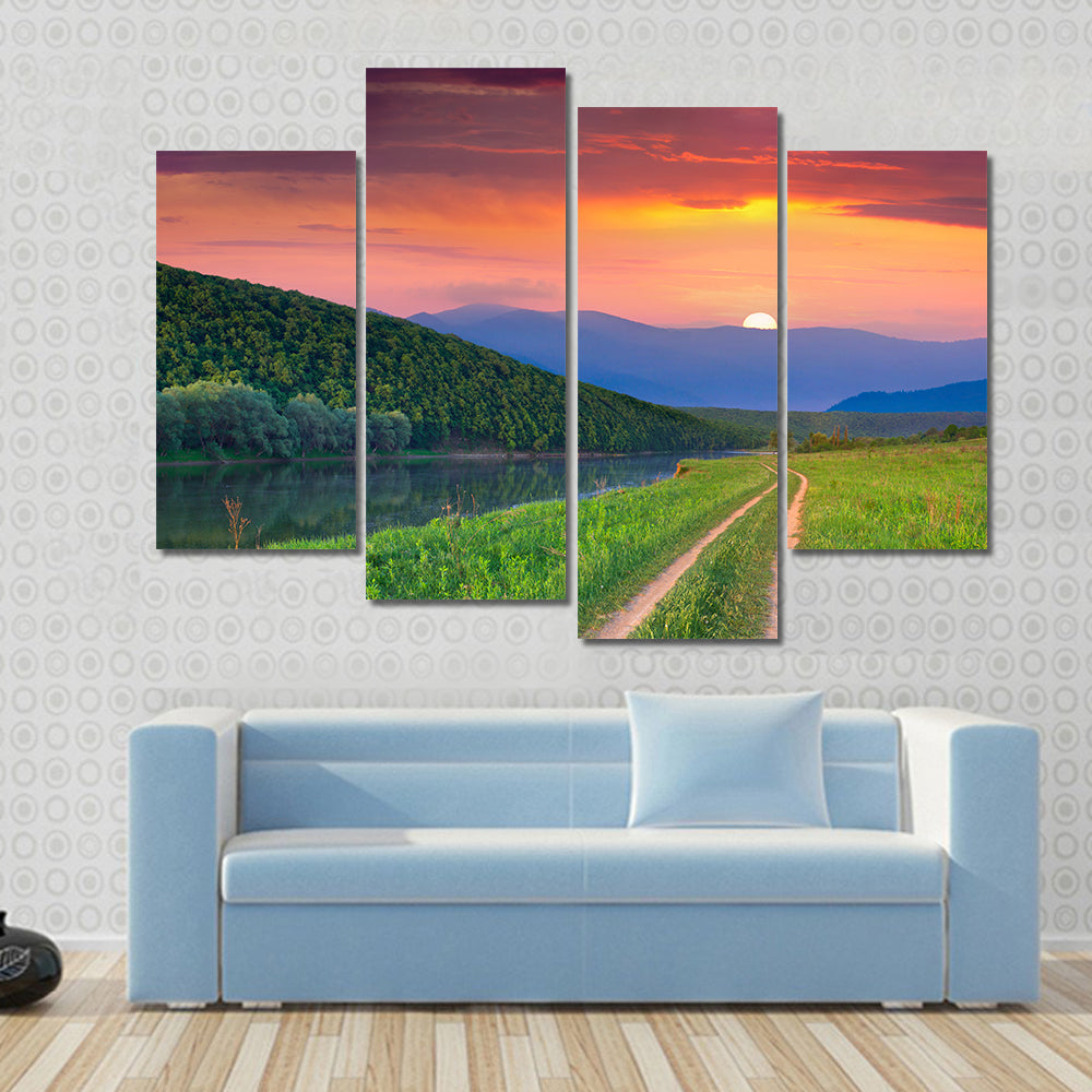 Sunset Meadow with River and Dirt Road Canvas Wall Art