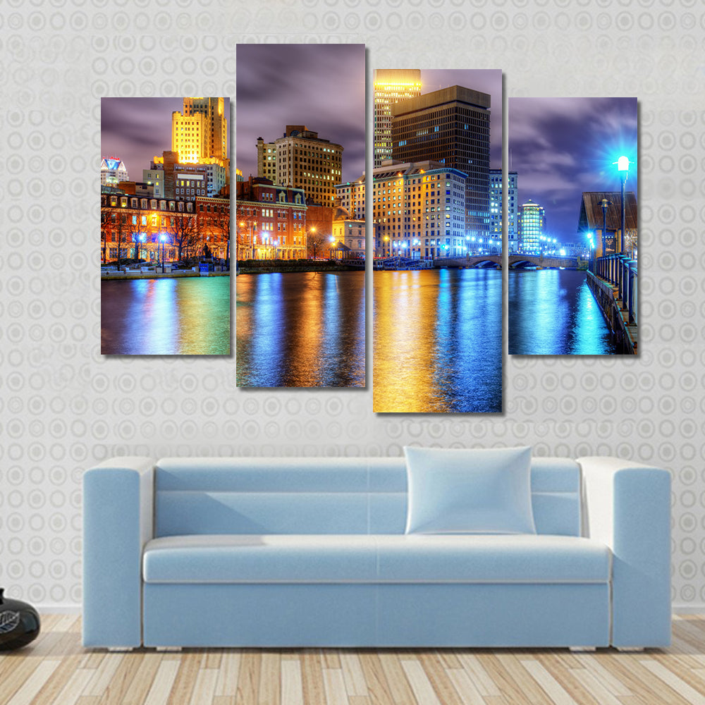 Downtown Providence Skyline with Water Reflections Canvas Wall Art