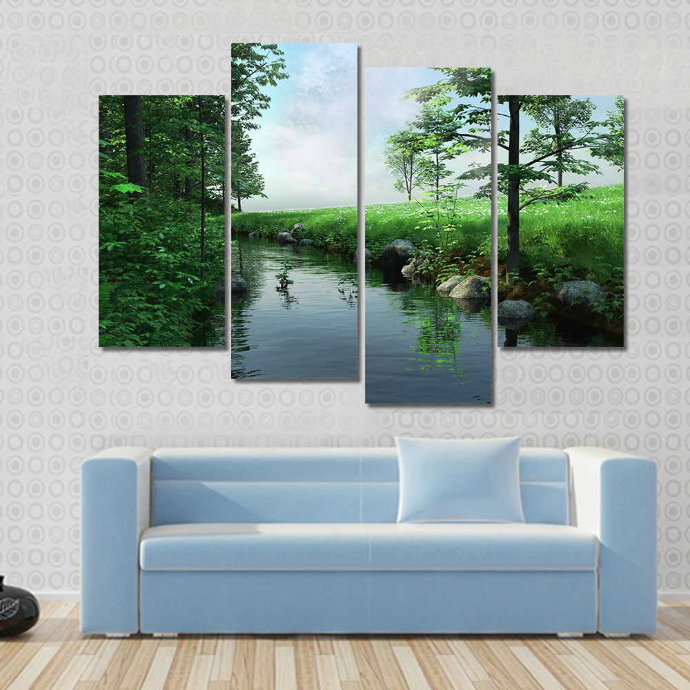 Green Meadow by a Winding Stream Canvas Wall Art