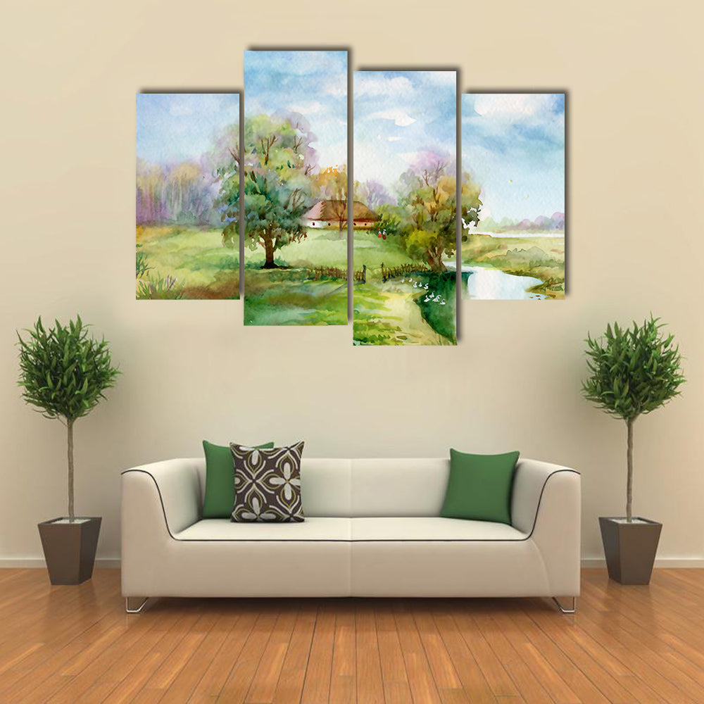Thatched Cottage Beside Winding River Canvas Wall Art