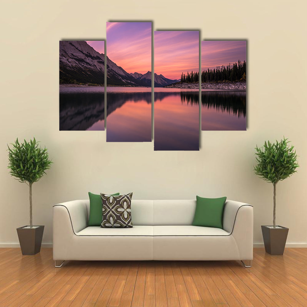 Medicine Lake At Sunset In Canadian Rockies Canvas Wall Art