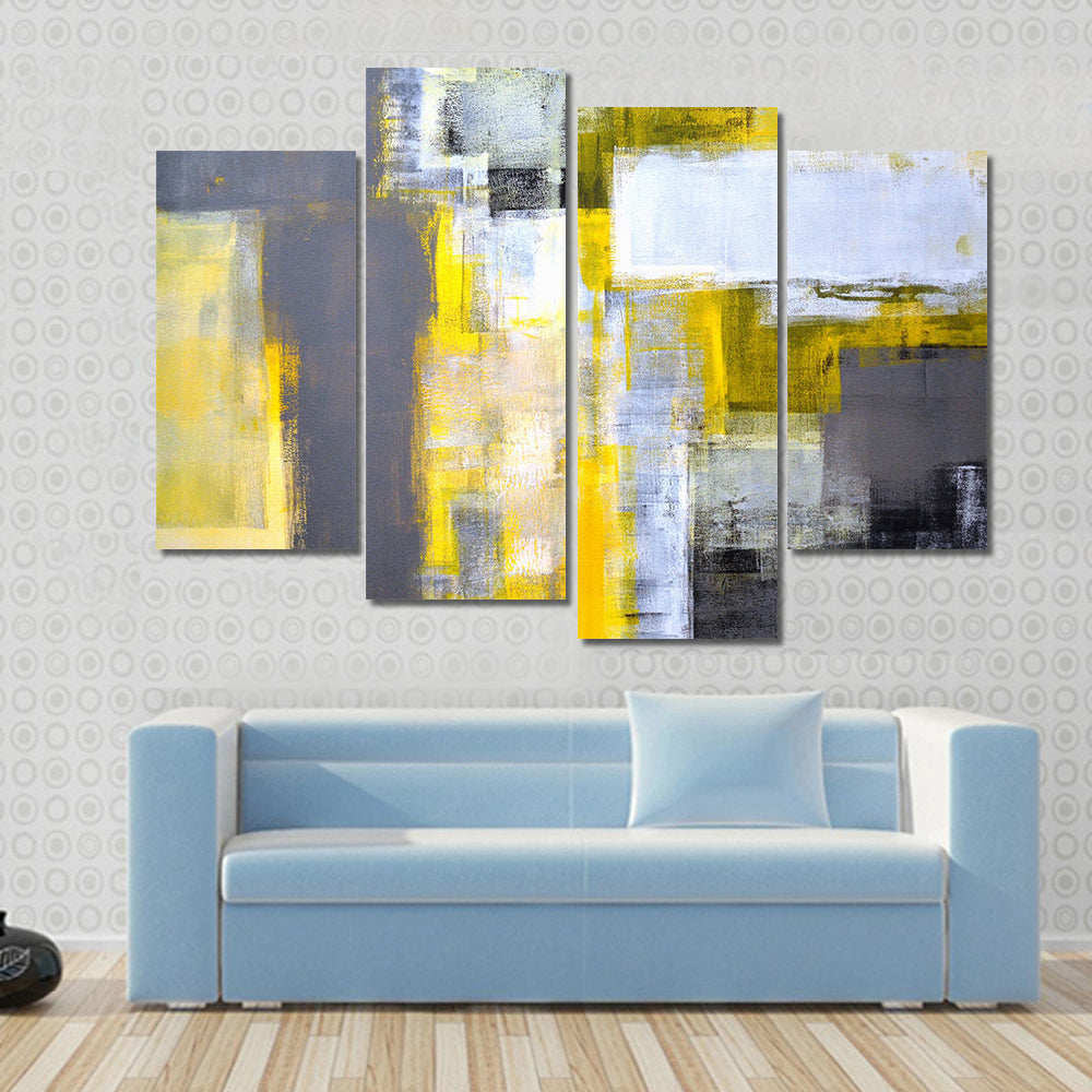 Layered Geometric Abstract with Yellow Bars Canvas Wall Art