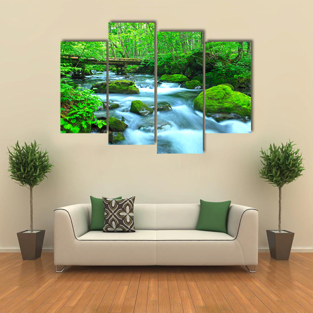 Stream In Spring Forest Canvas Wall Art in white, brown and green, framed print, product view on a white background