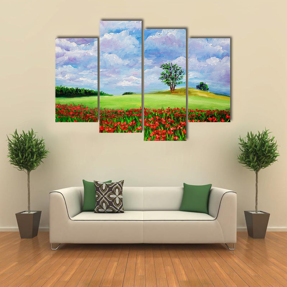 Red Poppy Field Landscape Canvas Wall Art