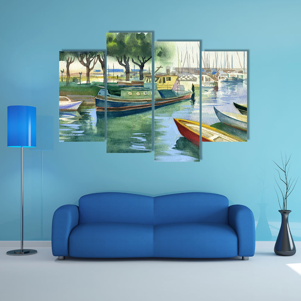 Watercolor Boats Canal Canvas Wall Art