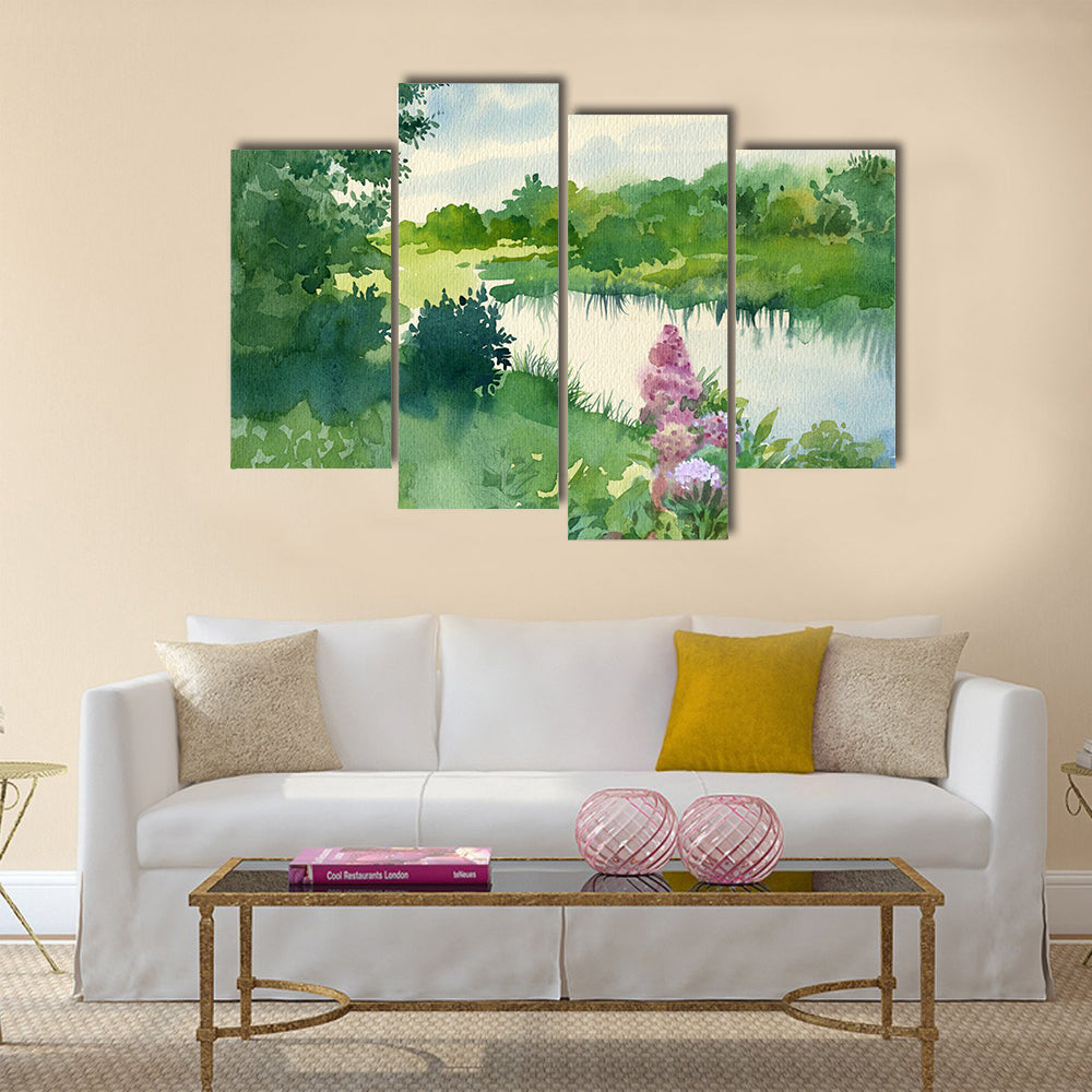 Watercolor River Landscape with Wildflowers Canvas Wall Art