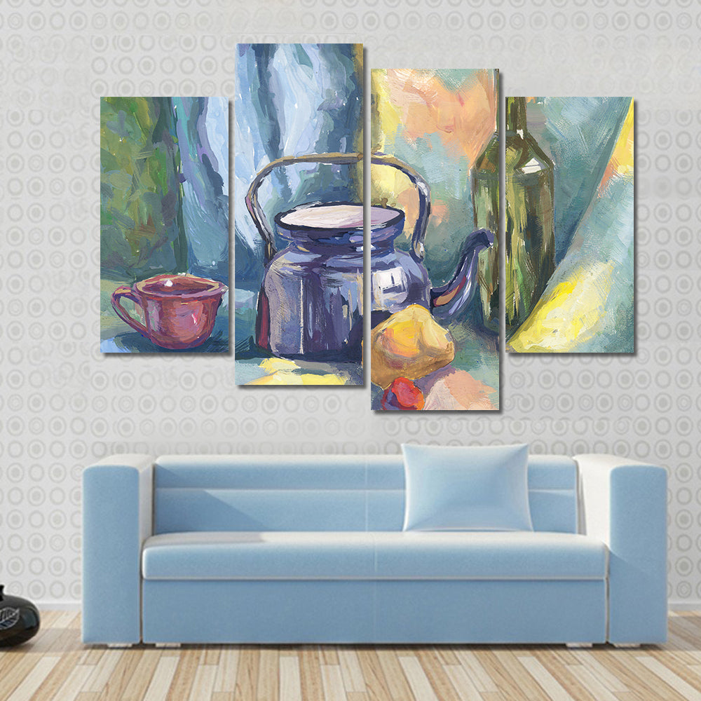 Dark Blue Kettle and Lemon Still Life Canvas Wall Art