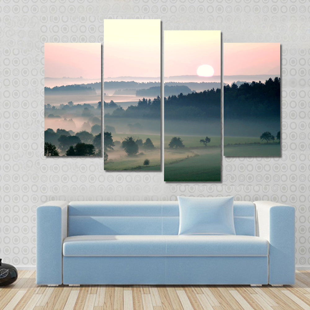 Misty Sunrise Over Layered Hills Canvas Wall Art