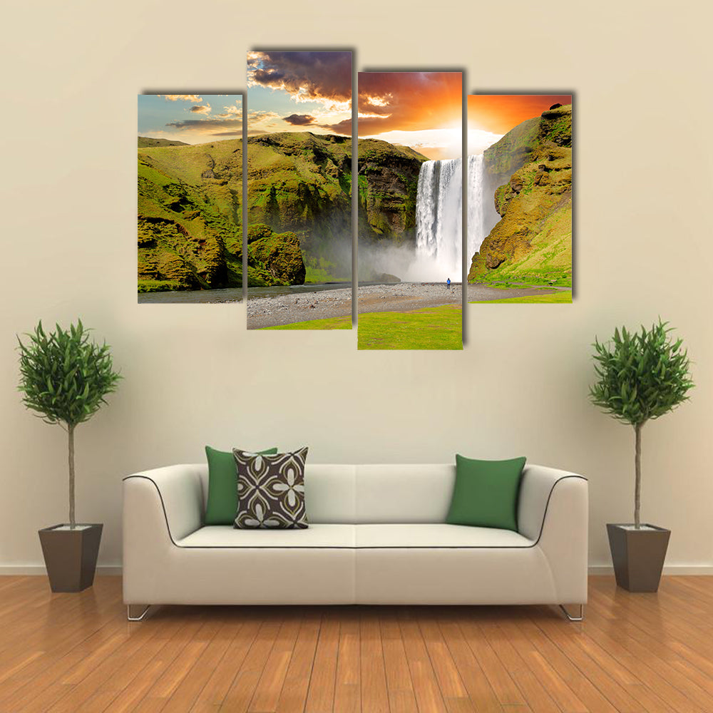 Skogafoss Waterfall At Sunset In Iceland Canvas Wall Art